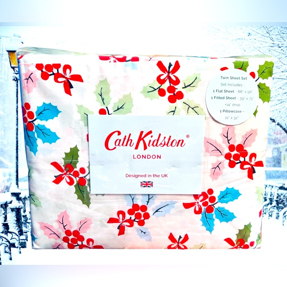 Cath Kidston London 🇬🇧 NWT Winter “ Christmas Holly” 100% Cotton Twin Sheet Set